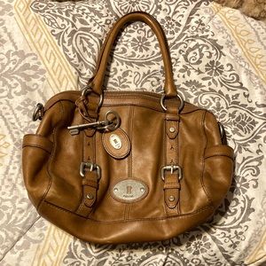 Fossil Vintage Maddox Genuine Leather Satchel Caramel Brown Color Purse Bag